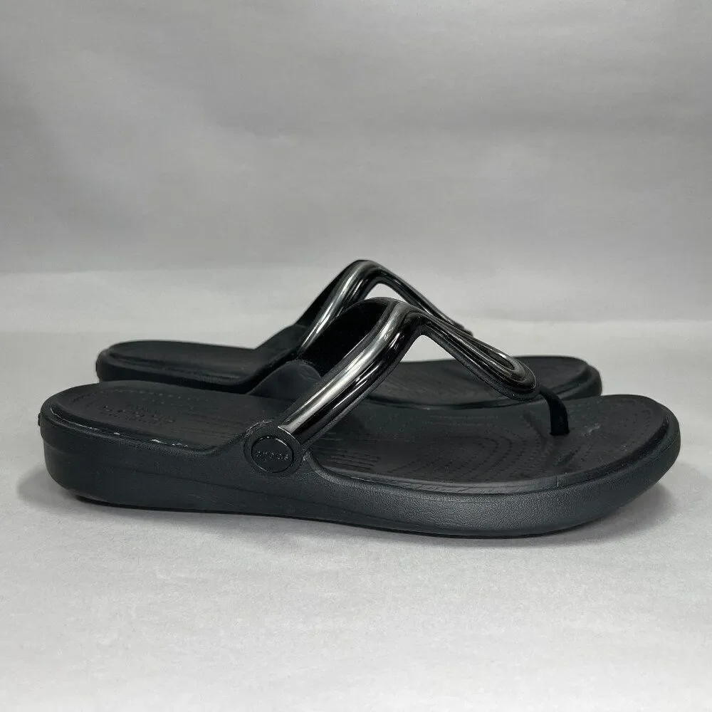 Crocs Sanrah Sandals Women's 10 Black Thong Flip‎ Flop Athletic Beach Slip On